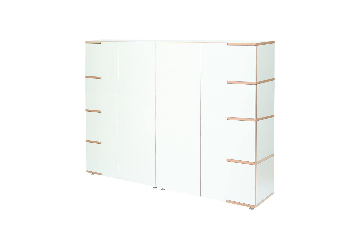 Moderner Schrank Tojo stau mit sechs Türen in Weiß und sichtbaren Schichtholzkanten, minimalistisch gestaltet