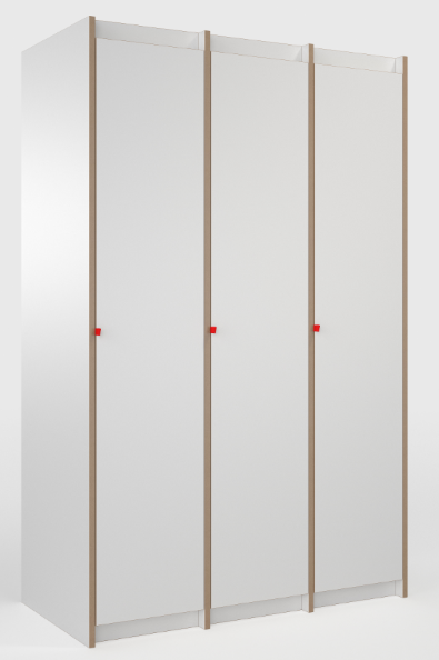 Weißer Kleiderschrank Tojo steh mit drei Türen, roten Griffen und natürlicher Schichtholzkante im minimalistischen Design