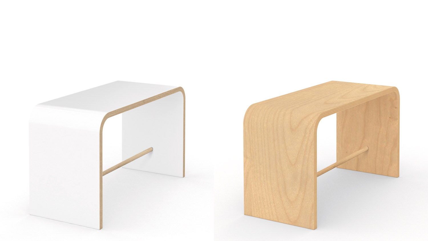 Zwei Tojo sit Hocker nebeneinander – links in Weiß, rechts in Holzoptik, beide mit abgerundeter Sitzfläche und Querstrebe im minimalistischen Design