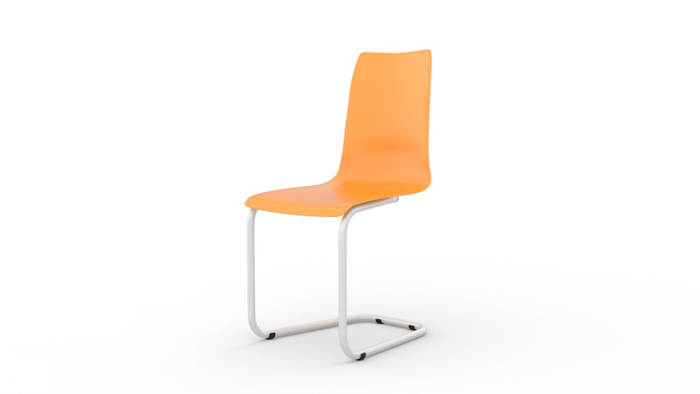 Moderner Tojo stuhl mit orangefarbener Sitzfläche und verchromtem Kufengestell auf weißem Hintergrund