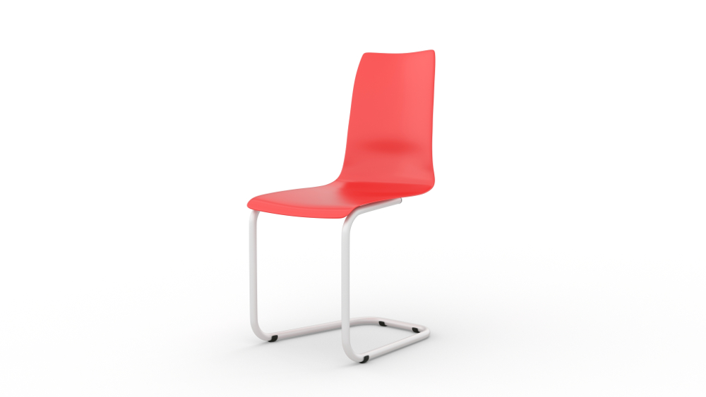 Designstuhl von Tojo mit roter Sitzfläche und verchromtem Kufengestell auf weißem Hintergrund