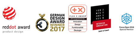 Übersicht von Designpreisen, die Tojo gewonnen hat, darunter der Red Dot Award, der German Design Award, der Plus X Award, der Iconic Award und der Blue Innovation Award